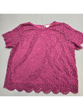 Philosophy XXL Romantic Lace Top Short Sleeve Purple Plum Scalloped Hem Lined